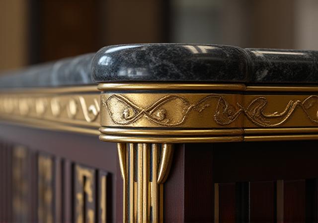 Dettaglio ravvicinato di decorazioni in ottone e marmo